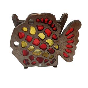Vintage Cast Iron Fish Napkin Holder Letter Organizer Stained Glass Acrylic